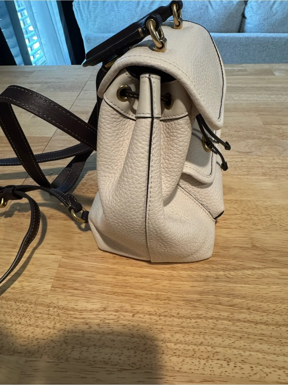 Coach Chalk Pebble Leather Mini Backpack with Black Trim